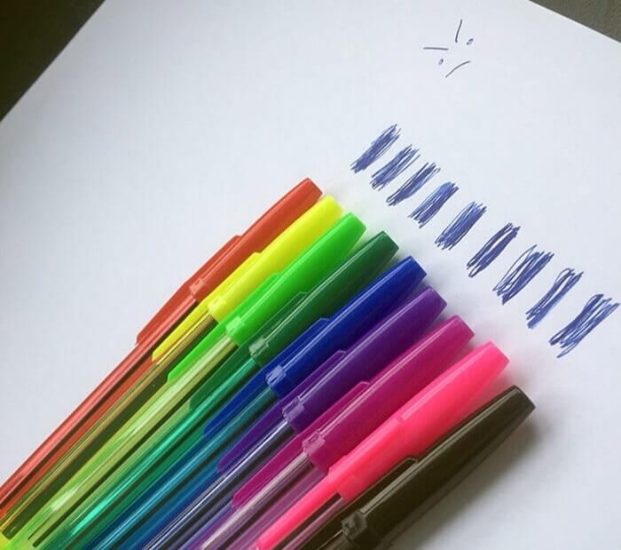 Buying Colored Pens Was A Good Idea Until They Realized Every Single One Of Them Has Blue Ink